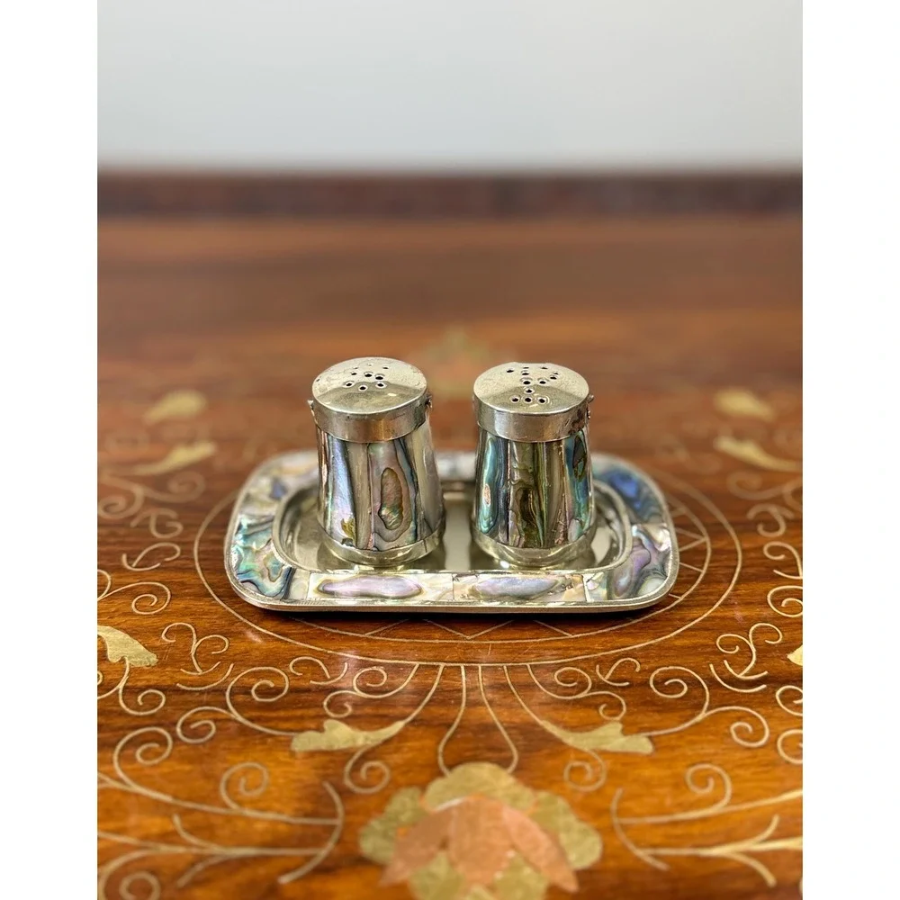 Vintage Mexican Alpaca Silver Abalone Salt & Pepper Shakers with Tray